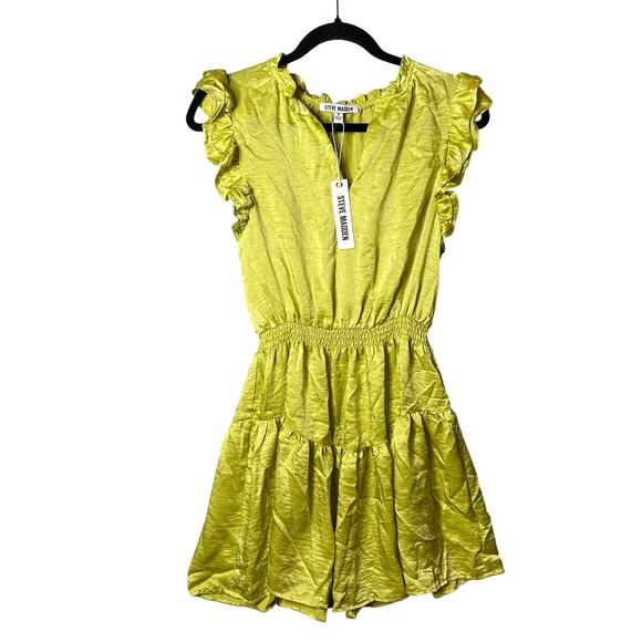 Steve Madden Dress Womens S Golden‎ Lime Prairie Dreams V Neck Mini Dress NEW - Picture 1 of 15